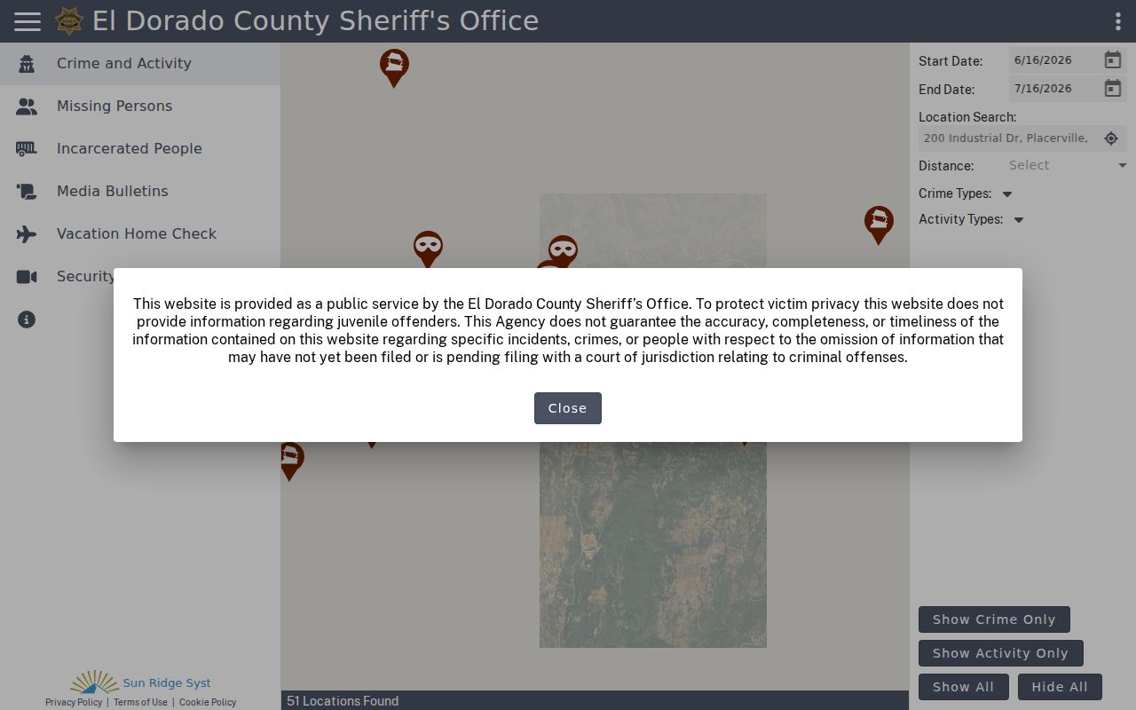 El Dorado County arrest search on Sheriff CitizenRIMS