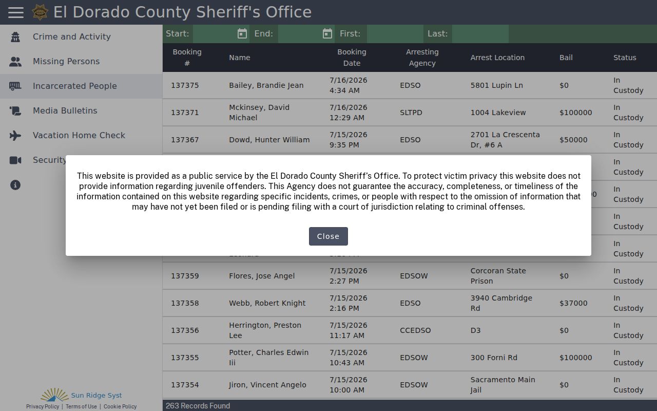 El Dorado County recent arrest booking roster