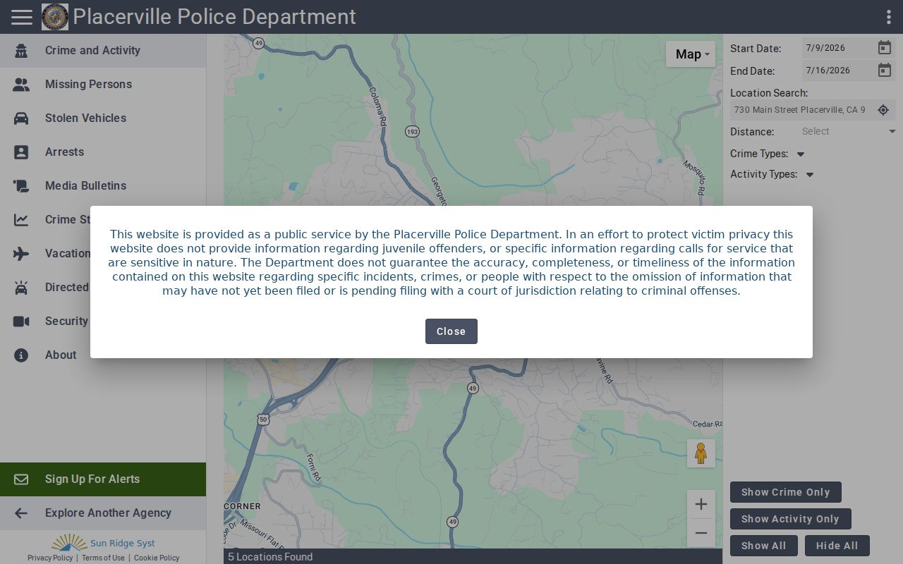 Placerville criminal record tools in the CitizenRIMS portal