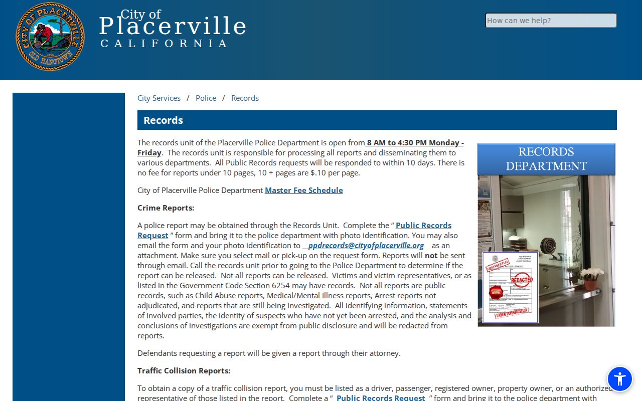 Placerville criminal report request and release rules
