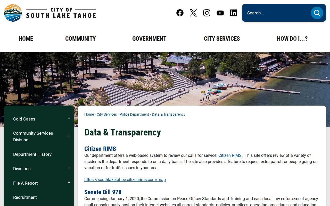 South Lake Tahoe Police data transparency and CitizenRIMS page
