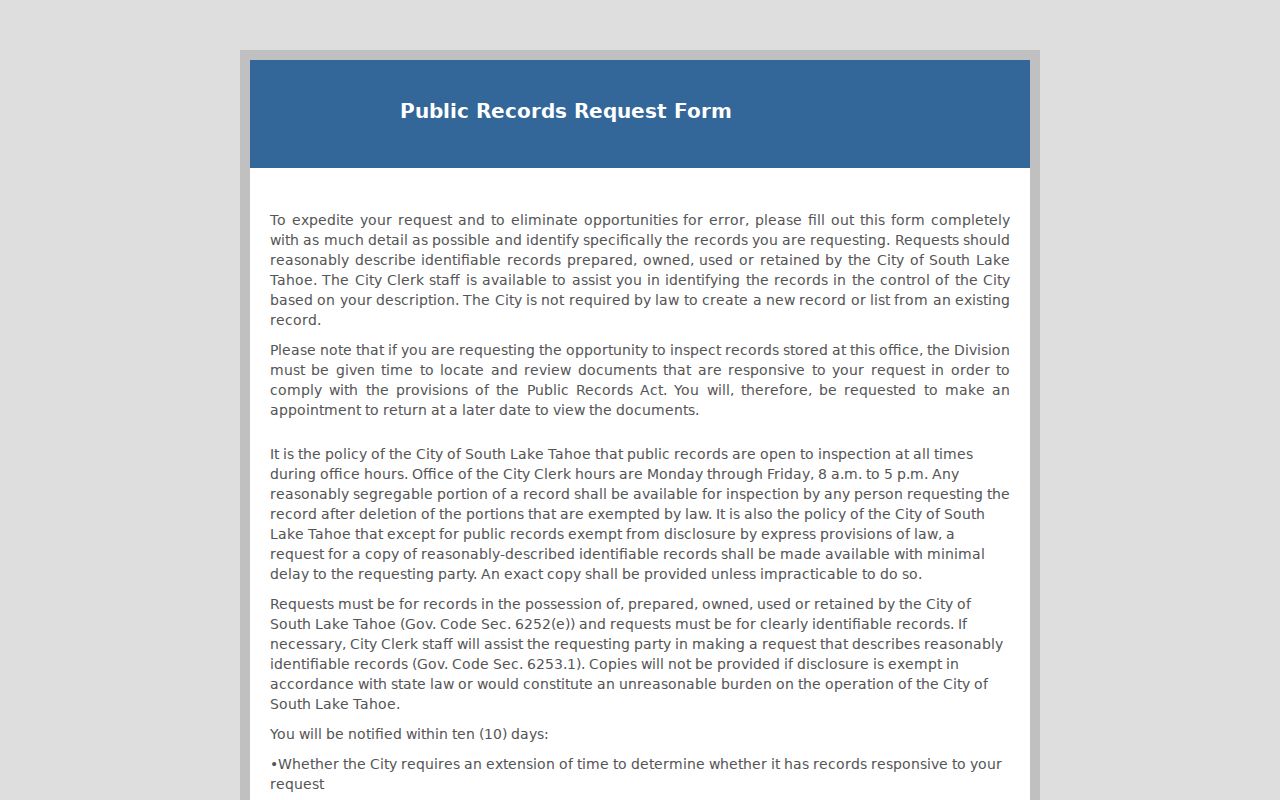 South Lake Tahoe Laserfiche public records request form