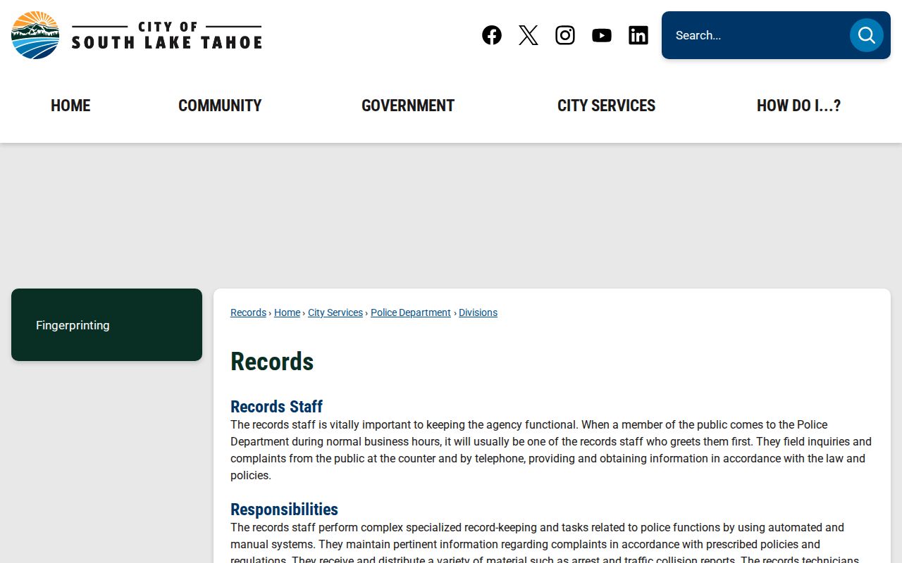 South Lake Tahoe Police Records Division contact page