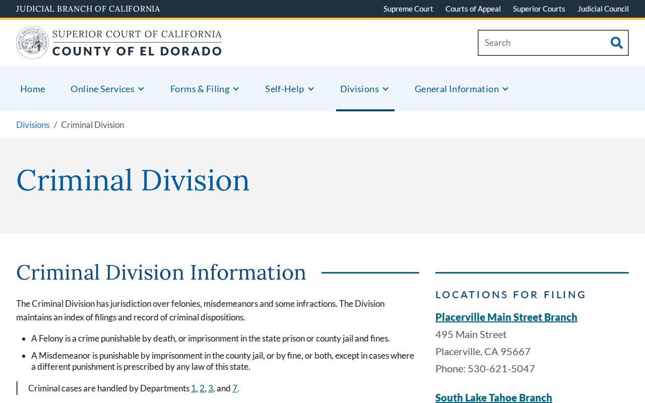 El Dorado County criminal court case branches