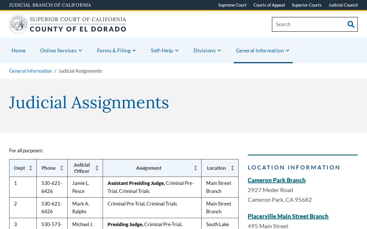 El Dorado County criminal court judicial assignments