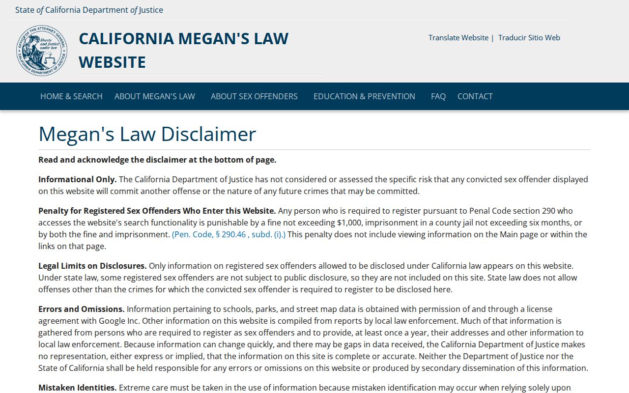 California Megan's Law registry search interface used for El Dorado County lookups